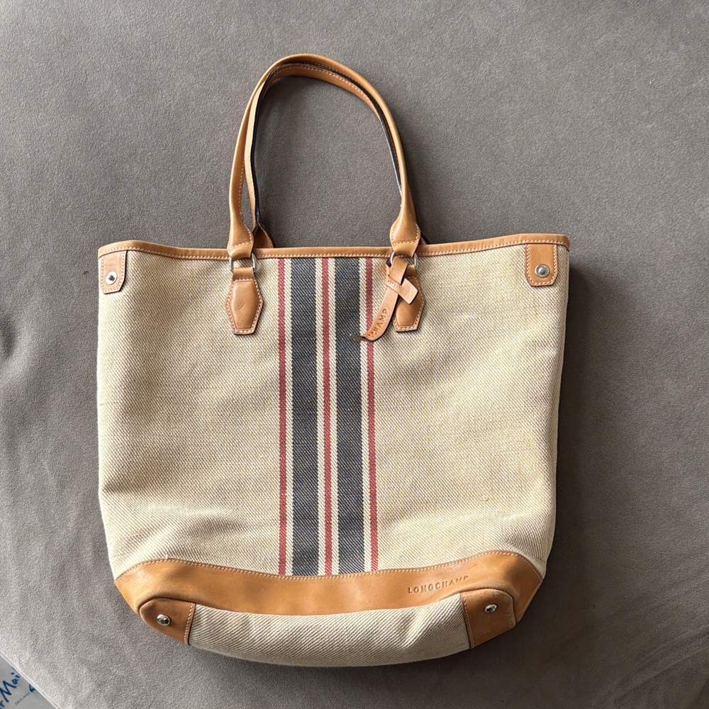 Longchamp Beige Canvas Tote with Tan Leather